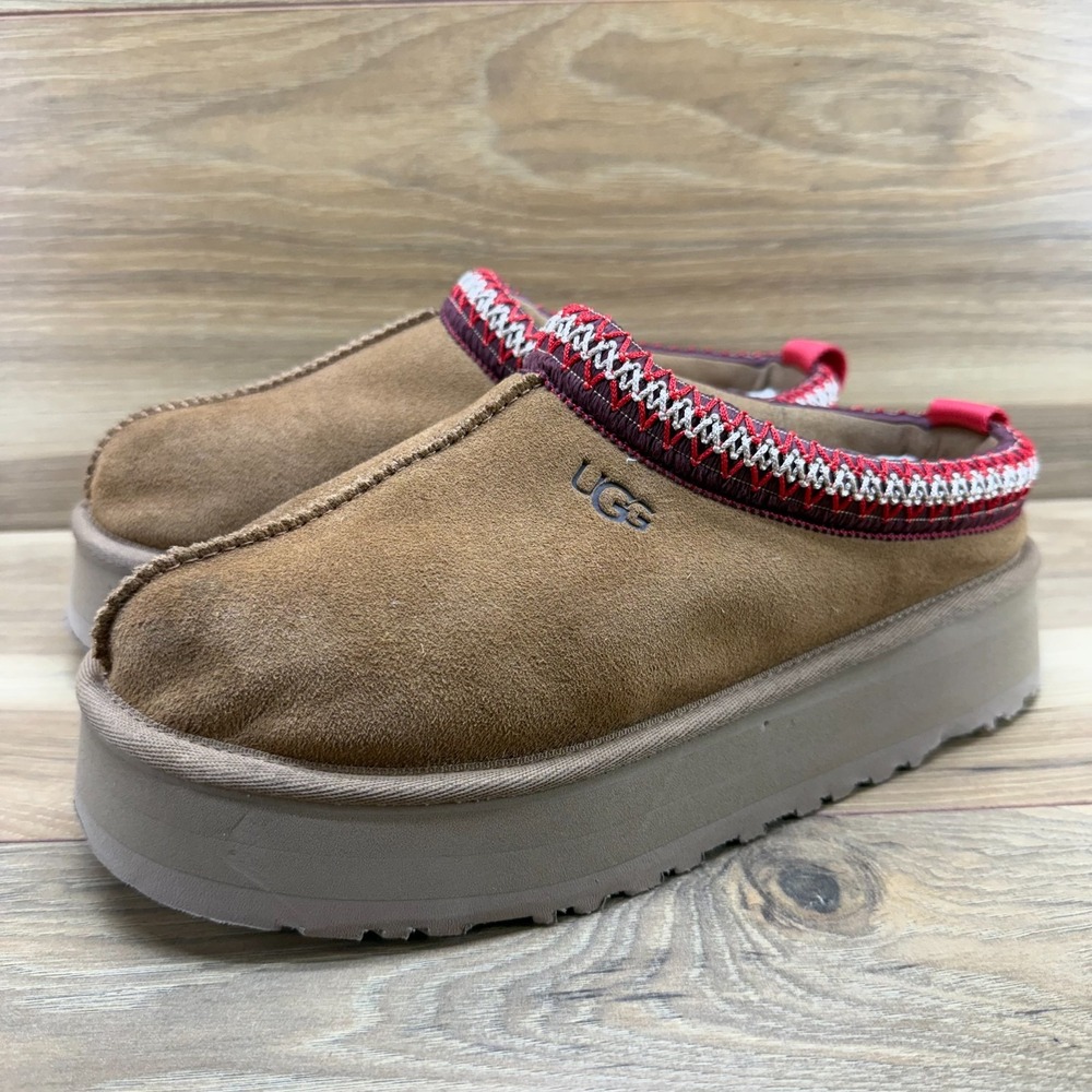 UGG Tazz Platform Slippers Womens 8 Chestnut Suede Sherpa Shearling Lined Tasman - Picture 3 of 12